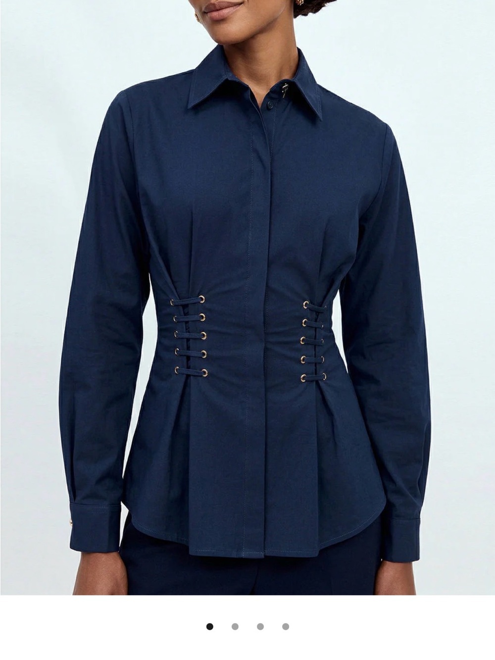 Navy Corset-Detail Button-Front Blouse